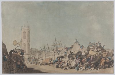 The Overdrove Ox (Šílený býk na Westminsterském mostě) od Thomas Rowlandson