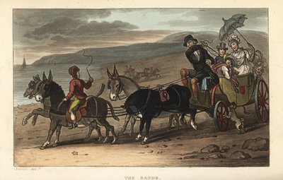 The Sands: turisté v baruche tažené osly na pláži. Ručně kolorovaná mědirytina Thomase Rowlandsona podle skici J. Greena z Poetical Sketches of Scarborough, Ackermann, Londýn od Thomas Rowlandson