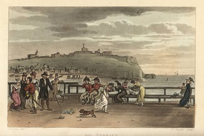 The Spa Terrace: turisté na procházce za větrného dne na Cliff Terrace. Ručně kolorovaná mědirytina Thomas Rowlandson, akvatinta J. C. Stadler, podle skici J. Greena z Poetical Sketches of Scarborough, Ackermann, Londýn od Thomas Rowlandson