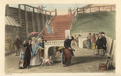 The Spa Wells: Turisté pijící lázeňskou vodu ze studní ve Scarborough Spaw. Ručně kolorovaná mědirytina Thomas Rowlandson, akvatinta J. C. Stadler, podle skici J. Greena z Poetical Sketches of Scarborough, Ackermann, Londýn od Thomas Rowlandson