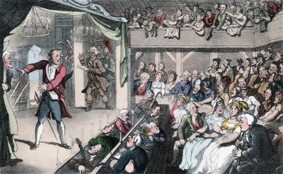 Jeviště, ilustrace z knihy Olivera Goldsmithe "Farář z Wakefieldu", vyd. Ackermann, 1817 (ručně kolorovaná akvatinta) od Thomas Rowlandson