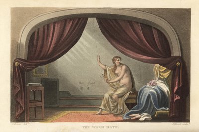 The Warm Bath: nahá žena, která se koupe za závěsy v místnosti Regency. Prý jde o portrét Mary Robinsonové, milenky krále Jiřího IV. Ručně kolorovaná mědirytina Thomas Rowlandson, akvatinta J. Bluck, podle skici J. Greena z P. od Thomas Rowlandson