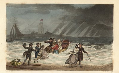 The Water Party: turisté opouštějí plavbu po moři kvůli špatnému počasí. Ručně kolorovaná mědirytina Thomas Rowlandson, akvatinta J.C. Stadler, podle skici J. Greena z Poetical Sketches of Scarborough, Ackermann, Londýn od Thomas Rowlandson