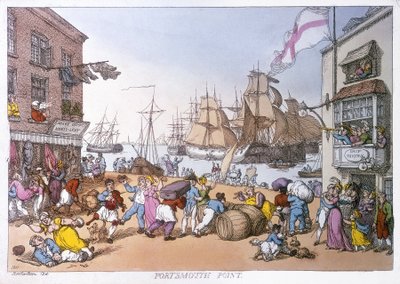 Okres Portsmouth, karikatura popisující činnost tohoto anglického přístavu od Thomas Rowlandson