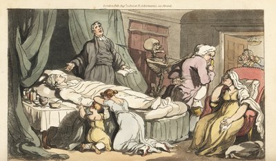 Kostra Smrti přichází pro Doktora, když se kněz modlí nad mrtvým tělem Dobrého muže, kterého oplakává jeho žena a dítě. Ručně kolorovaný mědiryt nakreslený a rytý Thomasem Rowlandsonem z The English Dance of Death, Ackermann, Londýn od Thomas Rowlandson