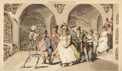 Kostra Smrti provází skupinu turistů katakombami v Paříži. Ručně kolorovaný mědiryt nakreslený a rytý Thomasem Rowlandsonem z The English Dance of Death, Ackermann, Londýn od Thomas Rowlandson