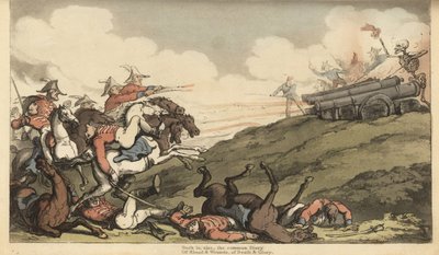 Kostra Smrti spustí palbu z děla na útok anglické jízdy. Ručně kolorovaný mědiryt nakreslený a rytý Thomasem Rowlandsonem z The English Dance of Death, Ackermann, Londýn od Thomas Rowlandson