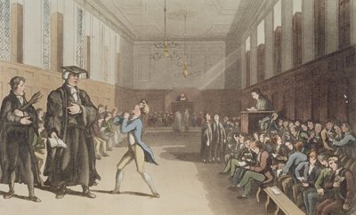Přísný preceptor svým hrozivým přikývnutím zavolá moudrou opravu tyče ze Souhrnného pojednání o moderním vzdělávání, 1802 (ručně kolorovaná leptaná deska) od Thomas Rowlandson