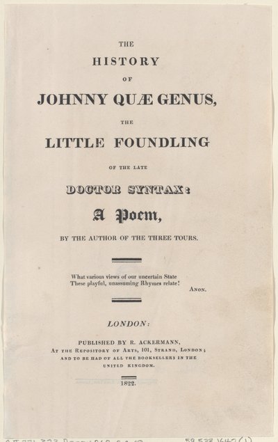Titulní strana, z Historie Johnny Quae Genus, Malý nálezce pozdního doktora..., 1822. od Thomas Rowlandson