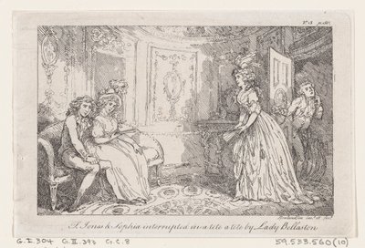 Tom Jones a Sophia přerušili v tete a tete od lady Bellastonové z The History of To..., 1792. od Thomas Rowlandson