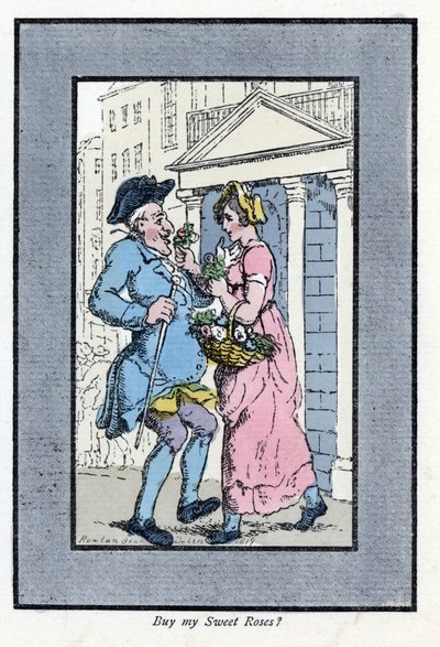 Cestující prodavač květin, blíží se k usmívajícímu se pánovi s malou kyticí růží (1819). Dřevoryt podle malby Thomase Rowlandsona (1756-1827), publikované v The Cris of London: se šesti půvabnými dětmi a téměř 40 ilustracemi, b od Thomas Rowlandson
