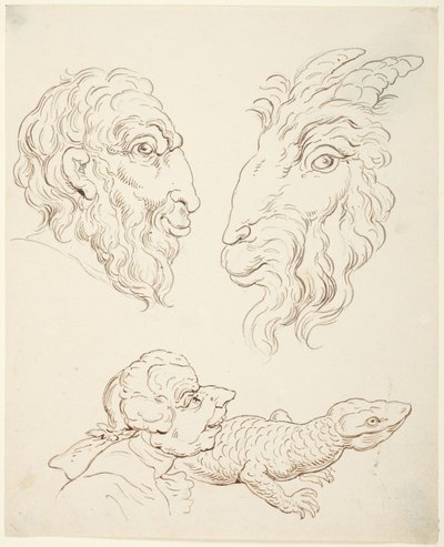 Dvě karikatury: muž a koza, muž a ještěrka od Thomas Rowlandson