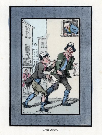 Dva prodavači novin s dlouhými píšťalami prodávají noviny na londýnské ulici. Dřevoryt podle malby Thomase Rowlandsona (1756-1827), publikované v The Cris of London: se šesti okouzlujícími dětmi a téměř 40 ilustracemi, od Andrewa Tuera, od Thomas Rowlandson