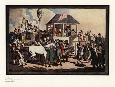 Vážení žokeje na sadě vah na závodní dráze od Thomas Rowlandson