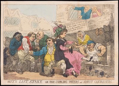 Wits Last Stake, aneb The Cobling Voters a Abject Canvassers, hospoda. (ručně kolorovaná rytina) od Thomas Rowlandson