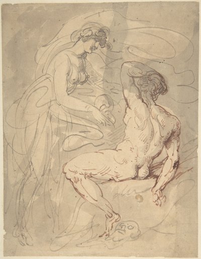 Žena hovořící s sedícím nahým mužem od Thomas Rowlandson