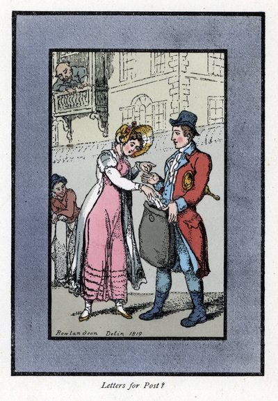 Žena platí a dává dopis do tašky, kterou nese zaměstnanec britské královské pošty. Dřevoryt podle malby Thomase Rowlandsona (1756-1827), publikované v The Cris of London: se šesti okouzlujícími dětmi a téměř 40 ilustracemi, od An od Thomas Rowlandson