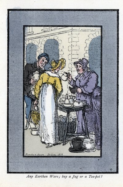 Žena prodávající džbány, konvice a misky má roh ulice. Elegantní mladá žena se dívá na zboží. Dřevoryt podle malby Thomase Rowlandsona (1756-1827), publikované v The Cris of London: se šesti okouzlujícími dětmi a téměř 40 ilustracemi od Thomas Rowlandson