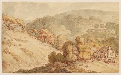 Zalesněná kopcovitá krajina s chalupou a postavami od Thomas Rowlandson