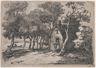 Zalesněná scéna s postavami u dveří chalupy, 1783-88., 1783-88. od Thomas Rowlandson
