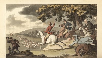 Mladý anglický gentleman na koni s loveckými psy na lovu jelenů od Thomas Rowlandson