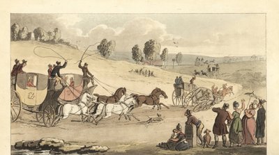 Mladí angličtí gentlemani závodící s kočáry se čtyřmi koňmi na silnici od Thomas Rowlandson