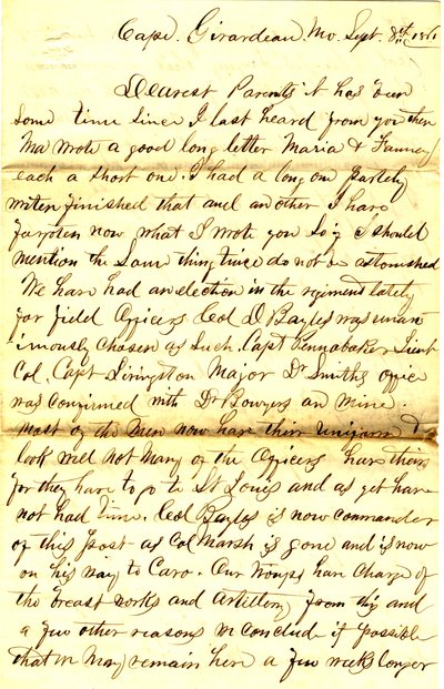 Dopis podepsaný T.S. Hawley, Cape Girardeau, Missouri, rodičům, 8. září 1861 od Thomas S. Hawley