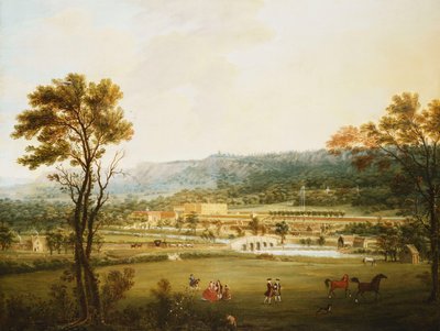 Rozsáhlý pohled na Chatsworth, Derbyshire od jihozápadu, od Thomas Smith of Derby