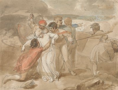 Žena zachráněná z moře a asistovaná na břehu, veslice a záchranáři v pozadí od Thomas Stothard
