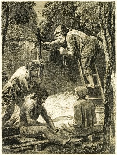 "Robinson Crusoe a Friday dělají stan, kde by mohli ubytovat pátečního otce a Španěla?" z ?Život a podivná překvapivá dobrodružství Robinsona Crusoe nebo York, Mariner? od Daniela Defoe od Thomas Stothard