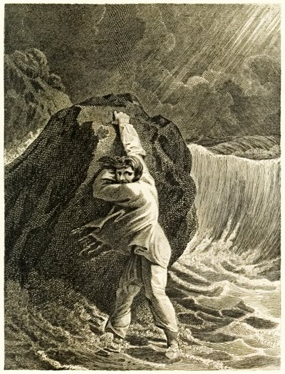 ?Robinson Crusoe ztroskotal a držel se skály? z ?Život a podivná překvapivá dobrodružství Robinsona Crusoe nebo York, Mariner? od Daniela Defoe od Thomas Stothard