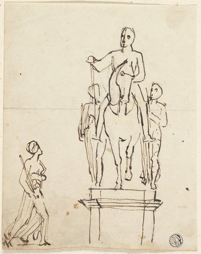 Socha jezdce v doprovodu dvou stojících postav s náčrtem jedné z posledních od Thomas Stothard