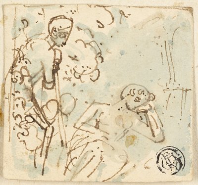 Náčrt muže opírajícího se o personál, při pohledu na spící ženu od Thomas Stothard