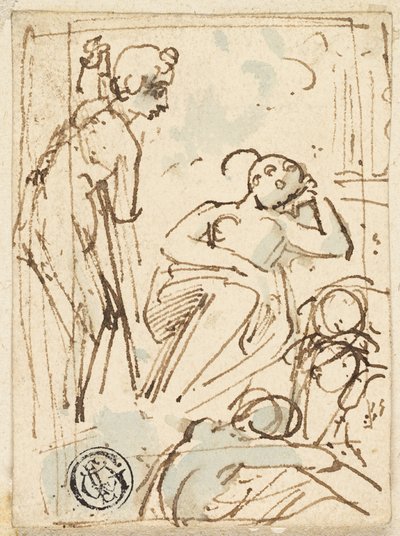 Náčrt muže opírajícího se o personál, při pohledu na spící ženu od Thomas Stothard