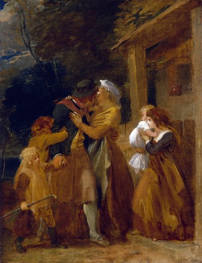 Návrat námořníka, který se na prahu svého domku shledává se svou rodinou. Olej na plátně od Thomas Stothard