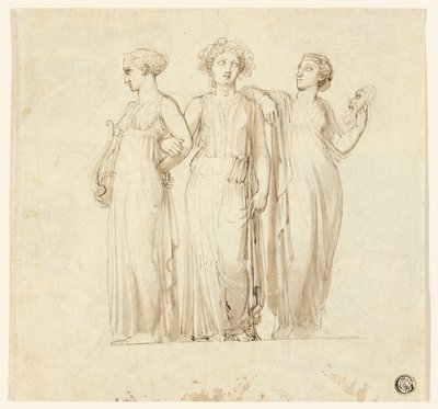 Tři múzy (recto); Studie rytíře a mnicha pro ilustraci v gotickém románu (verze) od Thomas Stothard