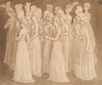 Dvacet mladých dívek ve skupině jdoucí doleva od Thomas Stothard