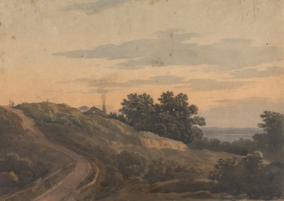 Kopcovitá krajina s domem, cestou a postavami od Thomas Sully