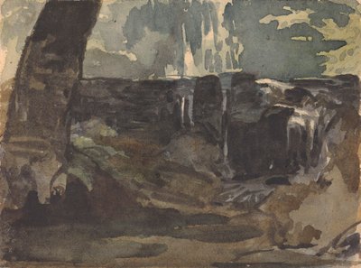 Skalnatá krajina, velký kmen stromu v popředí od Thomas Sully