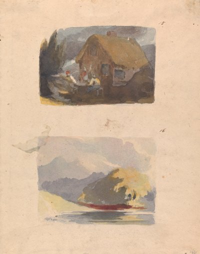 Dvě výkresy na jednom listu: chata s postavami vpředu (č. 15); Krajina s řekou a horámi - slunce (č. 16) od Thomas Sully