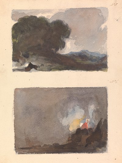 Dvě kresby na jednom listu: Krajina se stromem v popředí a horami v dálce - Hobbema a Ruysdaelův princip (č. 5); Postava v interiérové scéně - Teniers a Ostadeho princip (č. 6) od Thomas Sully