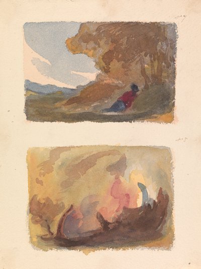 Dvě kresby na jednom listu: Krajina s postavou ležící proti kopci - Tizian a Benátská škola (č. 7); Krajina – různé akvarelové barvy (č. 8) od Thomas Sully