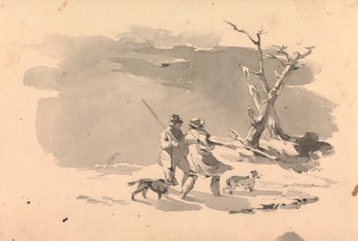 Dva lovci a dva psi v zimní scéně od Thomas Sully