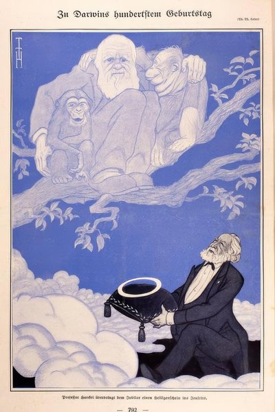 1909 karikatura Darwin, Apes, Haeckel od Thomas Theodor Heine