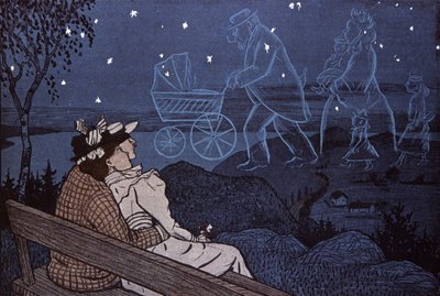 Pár venku, dívající se na svou budoucnost ve hvězdách: děti, rodina. Ilustrace Th.Th. Heine v: Simplicissimus, Německo od Thomas Theodor Heine