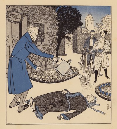 Muž se snaží oživit svou ženu poté, co omdlela (barevná litografie) od Thomas Theodor Heine
