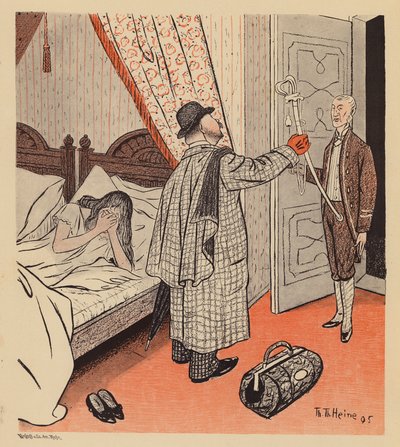 Muž zjistí, že jeho žena má poměr s vojákem (barevná litografie) od Thomas Theodor Heine