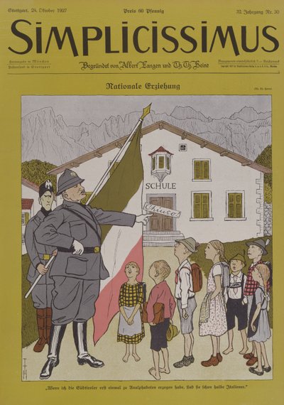 Mussolini (1883-1945) a italské Tyrolsko, karikatura z časopisu 