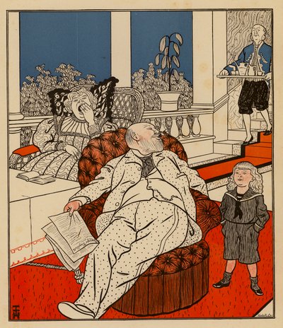 Malý chlapec se ptá svého otce, čím chce být, až vyroste (barevná litografie) od Thomas Theodor Heine