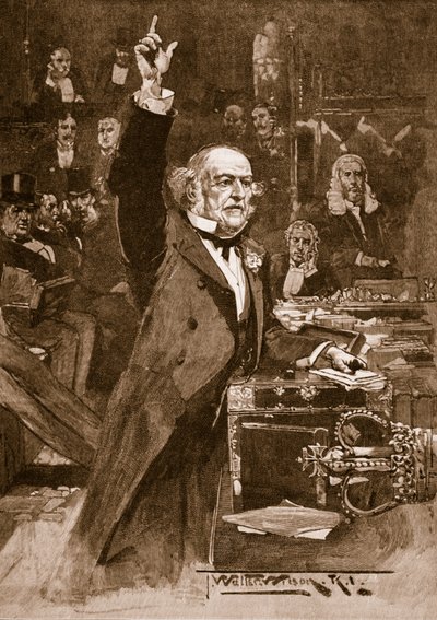 Představení zákona o domově vládě: Pan Gladstone přednáší svou peroraci, 1886, ilustrace z „Cassell